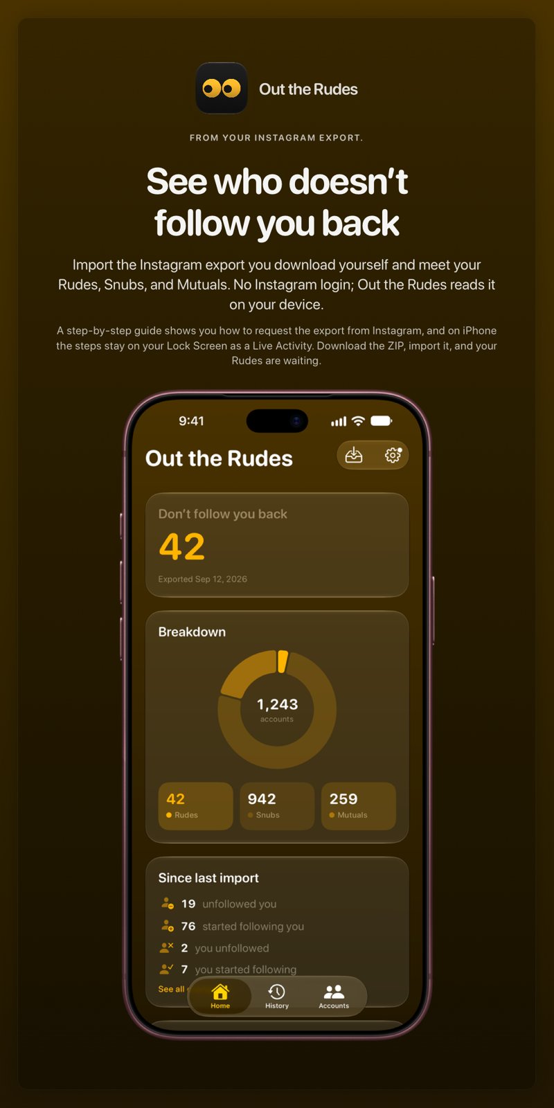 The Out the Rudes share image, showing the app on iPhone 18 Pro Max with its icon, name and headline for the Saltmarsh account, in the Yellow tint, dark appearance.