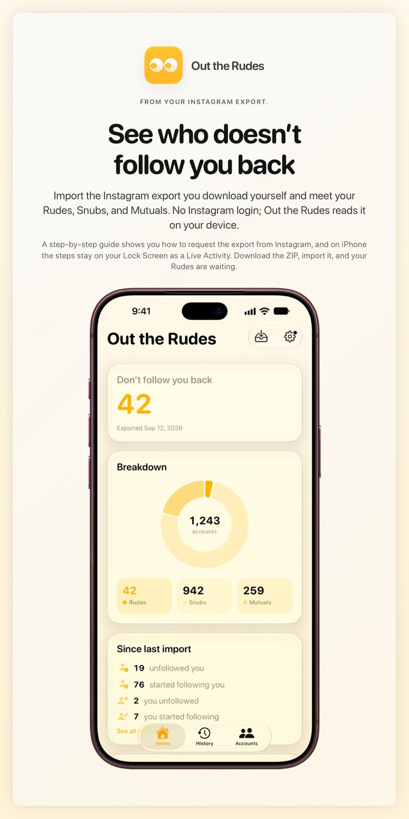 The Out the Rudes share image, showing the app on iPhone 18 Pro Max with its icon, name and headline for the Saltmarsh account, in the Yellow tint, light appearance.