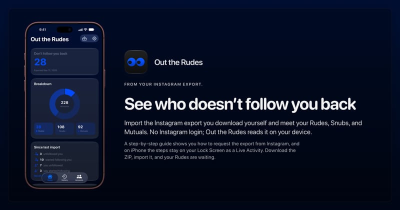 The Out the Rudes share image, showing the app on iPhone 18 Pro Max with its icon, name and headline for the Papermoon account, in the Blue tint, dark appearance.