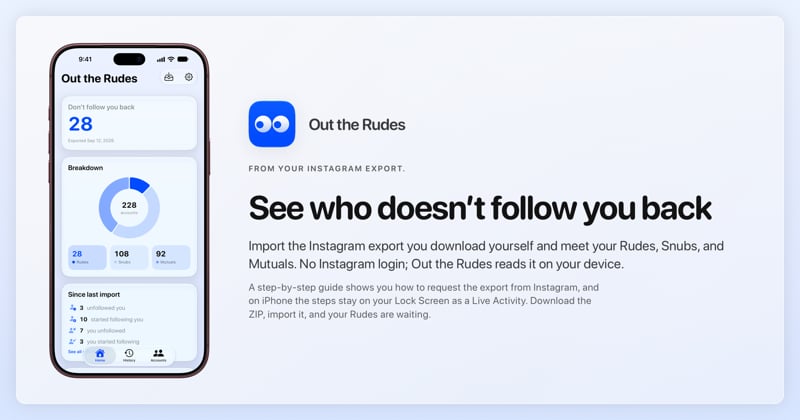The Out the Rudes share image, showing the app on iPhone 18 Pro Max with its icon, name and headline for the Papermoon account, in the Blue tint, light appearance.
