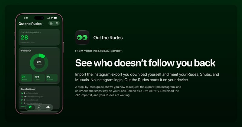 The Out the Rudes share image, showing the app on iPhone 18 Pro Max with its icon, name and headline for the Papermoon account, in the Green tint, dark appearance.