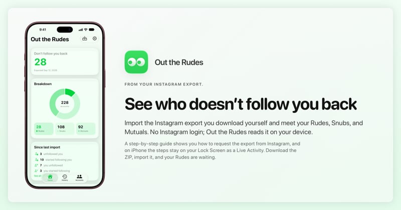 The Out the Rudes share image, showing the app on iPhone 18 Pro Max with its icon, name and headline for the Papermoon account, in the Green tint, light appearance.