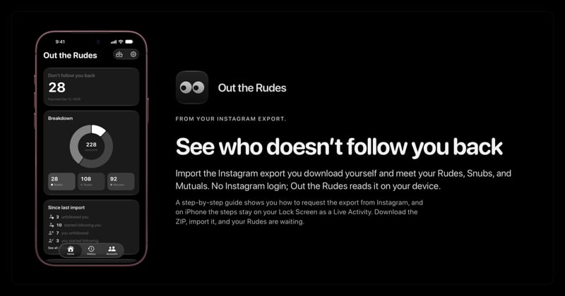 The Out the Rudes share image, showing the app on iPhone 18 Pro Max with its icon, name and headline for the Papermoon account, in the Grey tint, dark appearance.