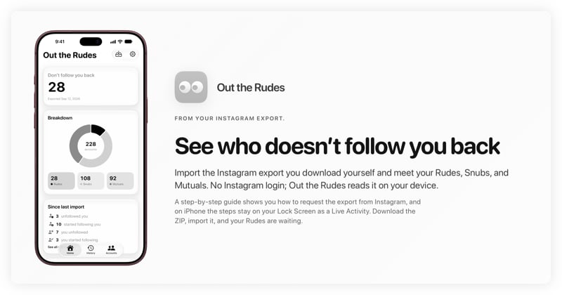 The Out the Rudes share image, showing the app on iPhone 18 Pro Max with its icon, name and headline for the Papermoon account, in the Grey tint, light appearance.