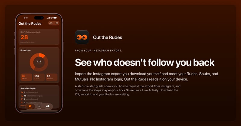 The Out the Rudes share image, showing the app on iPhone 18 Pro Max with its icon, name and headline for the Papermoon account, in the Orange tint, dark appearance.