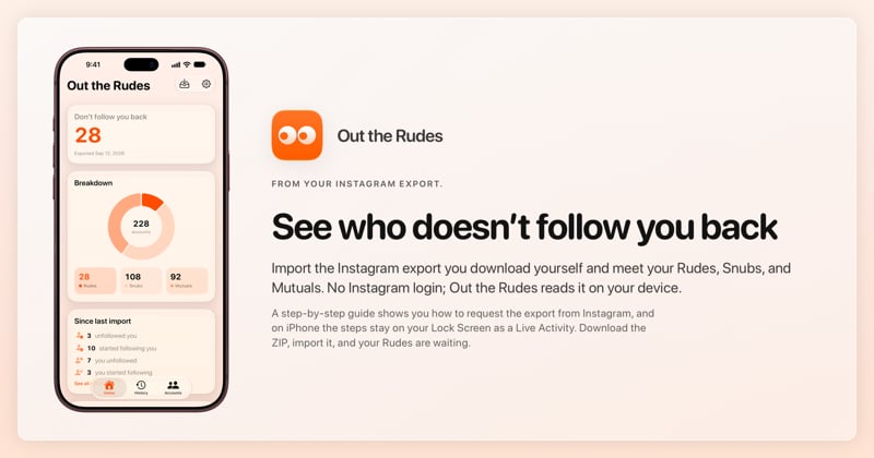 The Out the Rudes share image, showing the app on iPhone 18 Pro Max with its icon, name and headline for the Papermoon account, in the Orange tint, light appearance.