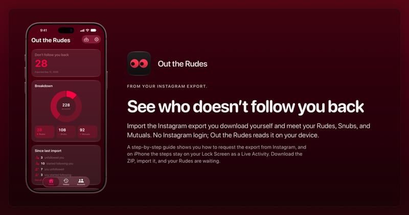 The Out the Rudes share image, showing the app on iPhone 18 Pro Max with its icon, name and headline for the Papermoon account, in the Pink tint, dark appearance.