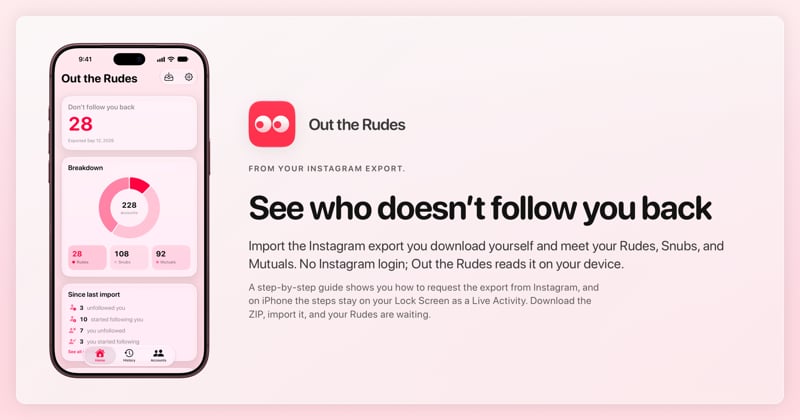 The Out the Rudes share image, showing the app on iPhone 18 Pro Max with its icon, name and headline for the Papermoon account, in the Pink tint, light appearance.