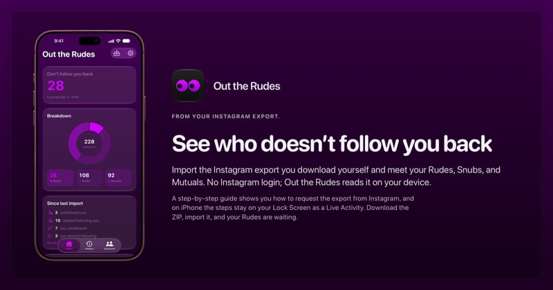 The Out the Rudes share image, showing the app on iPhone 18 Pro Max with its icon, name and headline for the Papermoon account, in the Purple tint, dark appearance.
