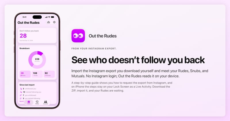 The Out the Rudes share image, showing the app on iPhone 18 Pro Max with its icon, name and headline for the Papermoon account, in the Purple tint, light appearance.