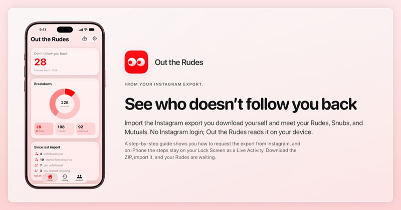The Out the Rudes share image, showing the app on iPhone 18 Pro Max with its icon, name and headline for the Papermoon account, in the Red tint, light appearance.
