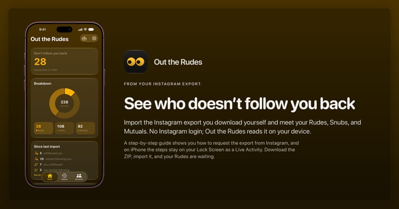 The Out the Rudes share image, showing the app on iPhone 18 Pro Max with its icon, name and headline for the Papermoon account, in the Yellow tint, dark appearance.