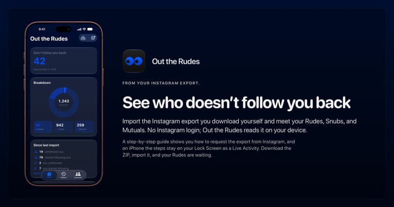 The Out the Rudes share image, showing the app on iPhone 18 Pro Max with its icon, name and headline for the Saltmarsh account, in the Blue tint, dark appearance.