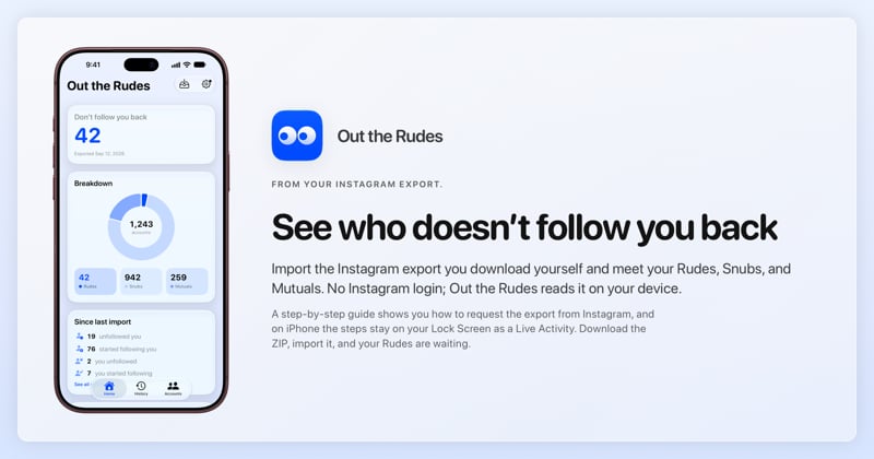 The Out the Rudes share image, showing the app on iPhone 18 Pro Max with its icon, name and headline for the Saltmarsh account, in the Blue tint, light appearance.