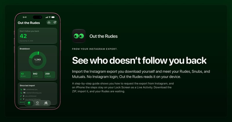 The Out the Rudes share image, showing the app on iPhone 18 Pro Max with its icon, name and headline for the Saltmarsh account, in the Green tint, dark appearance.