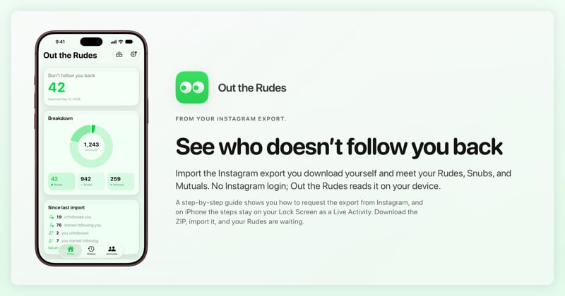 The Out the Rudes share image, showing the app on iPhone 18 Pro Max with its icon, name and headline for the Saltmarsh account, in the Green tint, light appearance.