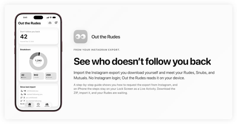 The Out the Rudes share image, showing the app on iPhone 18 Pro Max with its icon, name and headline for the Saltmarsh account, in the Grey tint, light appearance.