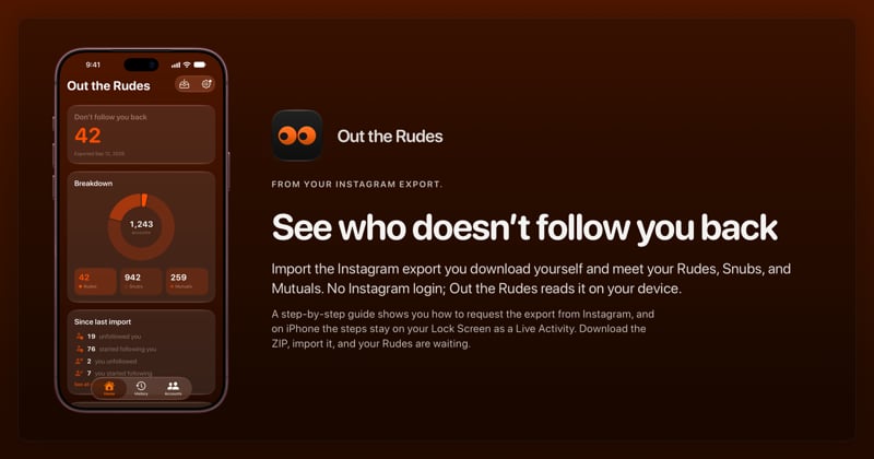 The Out the Rudes share image, showing the app on iPhone 18 Pro Max with its icon, name and headline for the Saltmarsh account, in the Orange tint, dark appearance.