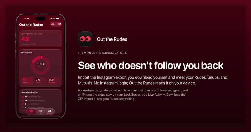 The Out the Rudes share image, showing the app on iPhone 18 Pro Max with its icon, name and headline for the Saltmarsh account, in the Pink tint, dark appearance.