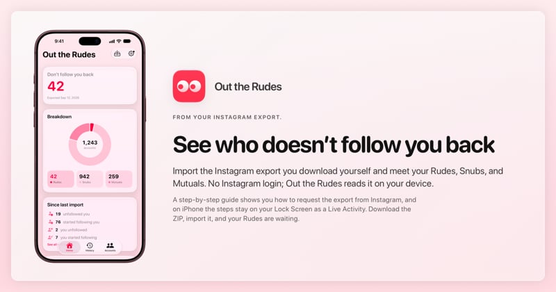 The Out the Rudes share image, showing the app on iPhone 18 Pro Max with its icon, name and headline for the Saltmarsh account, in the Pink tint, light appearance.
