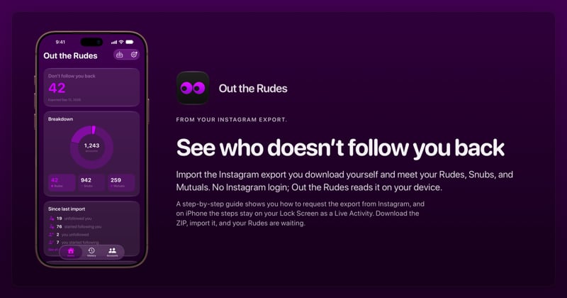 The Out the Rudes share image, showing the app on iPhone 18 Pro Max with its icon, name and headline for the Saltmarsh account, in the Purple tint, dark appearance.