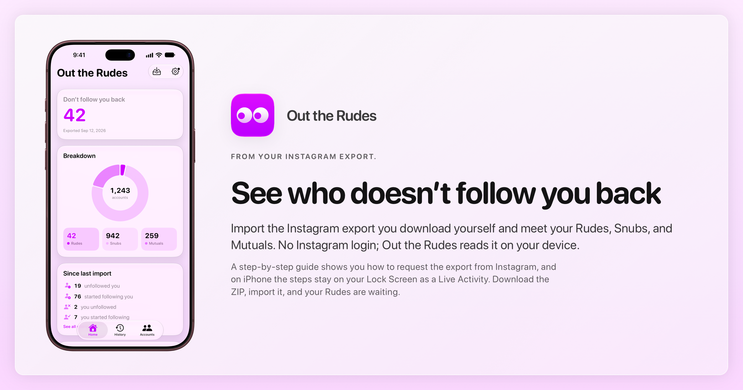 The Out the Rudes share image, showing the app on iPhone 18 Pro Max with its icon, name and headline for the Saltmarsh account, in the Purple tint, light appearance.