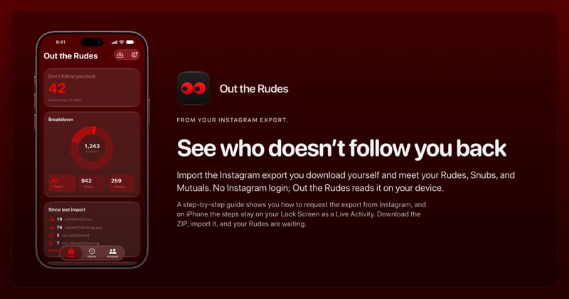 The Out the Rudes share image, showing the app on iPhone 18 Pro Max with its icon, name and headline for the Saltmarsh account, in the Red tint, dark appearance.