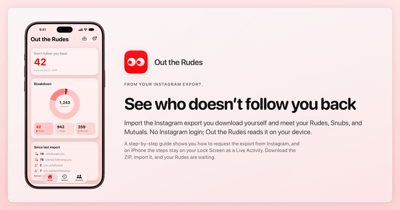 The Out the Rudes share image, showing the app on iPhone 18 Pro Max with its icon, name and headline for the Saltmarsh account, in the Red tint, light appearance.