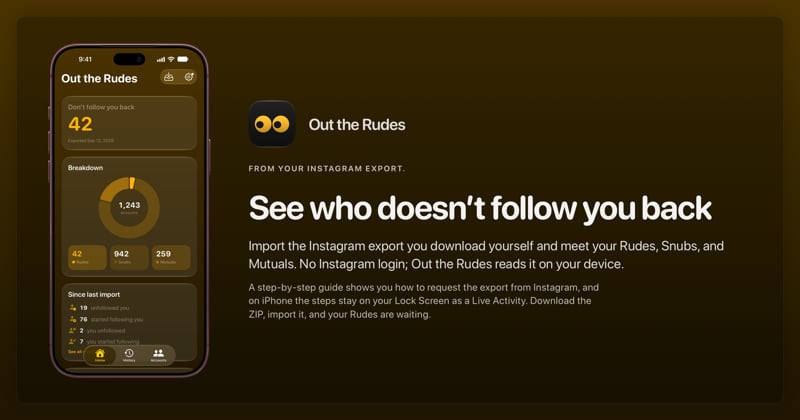 The Out the Rudes share image, showing the app on iPhone 18 Pro Max with its icon, name and headline for the Saltmarsh account, in the Yellow tint, dark appearance.