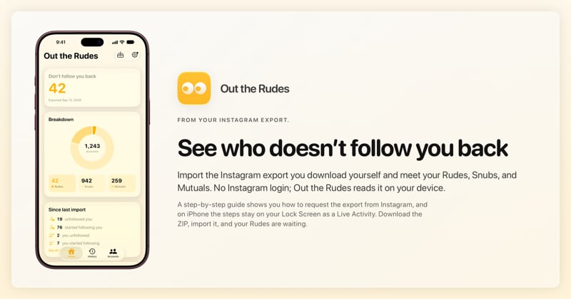 The Out the Rudes share image, showing the app on iPhone 18 Pro Max with its icon, name and headline for the Saltmarsh account, in the Yellow tint, light appearance.