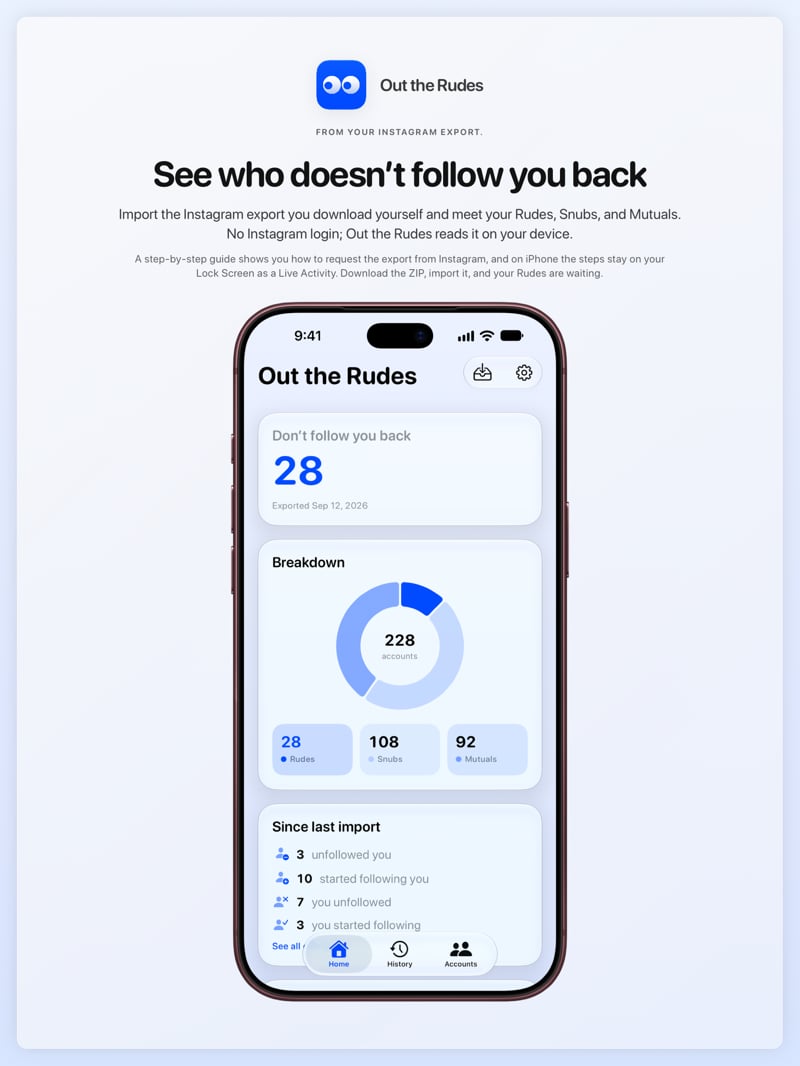 The Out the Rudes share image, showing the app on iPhone 18 Pro Max with its icon, name and headline for the Papermoon account, in the Blue tint, light appearance.