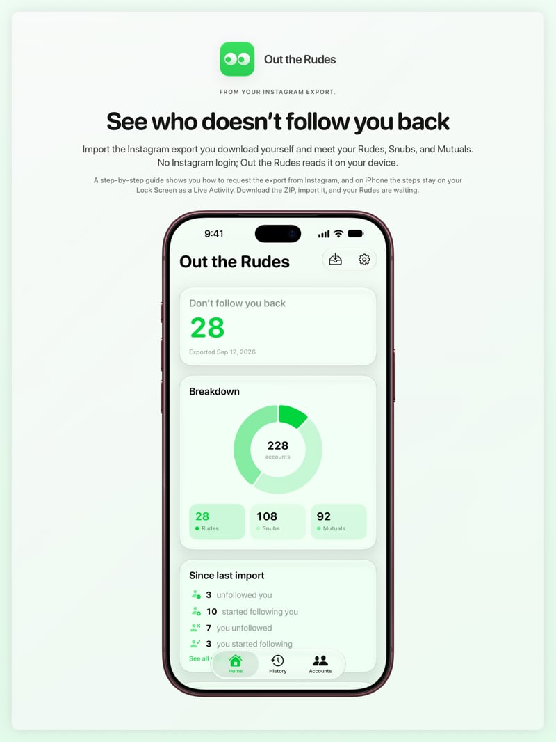 The Out the Rudes share image, showing the app on iPhone 18 Pro Max with its icon, name and headline for the Papermoon account, in the Green tint, light appearance.
