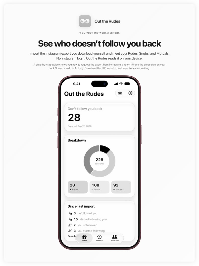 The Out the Rudes share image, showing the app on iPhone 18 Pro Max with its icon, name and headline for the Papermoon account, in the Grey tint, light appearance.