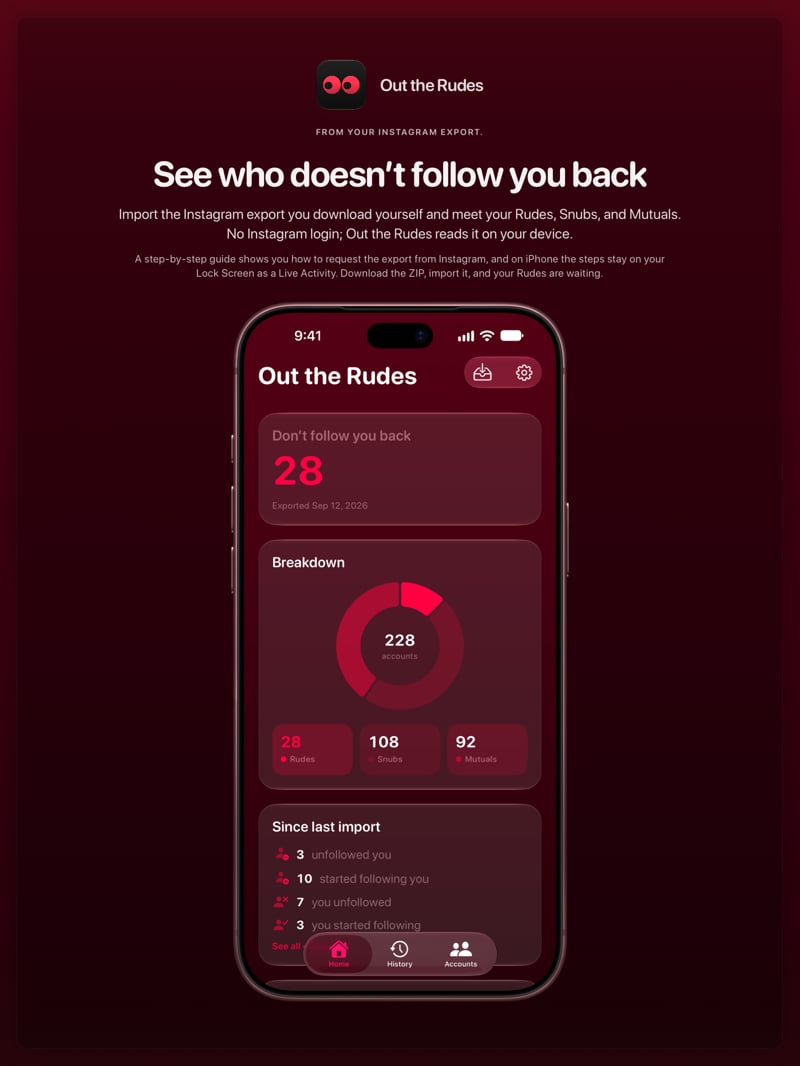 The Out the Rudes share image, showing the app on iPhone 18 Pro Max with its icon, name and headline for the Papermoon account, in the Pink tint, dark appearance.