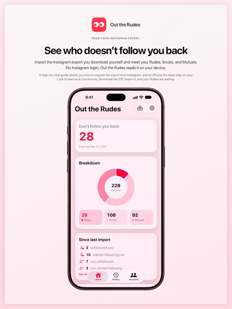 The Out the Rudes share image, showing the app on iPhone 18 Pro Max with its icon, name and headline for the Papermoon account, in the Pink tint, light appearance.