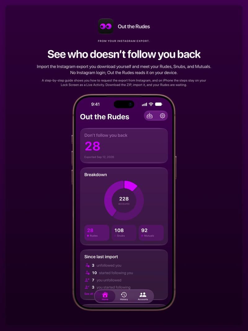 The Out the Rudes share image, showing the app on iPhone 18 Pro Max with its icon, name and headline for the Papermoon account, in the Purple tint, dark appearance.