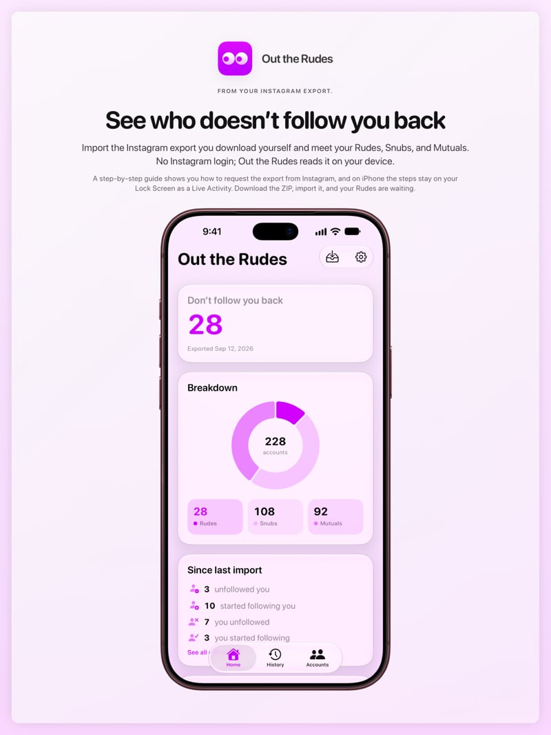 The Out the Rudes share image, showing the app on iPhone 18 Pro Max with its icon, name and headline for the Papermoon account, in the Purple tint, light appearance.