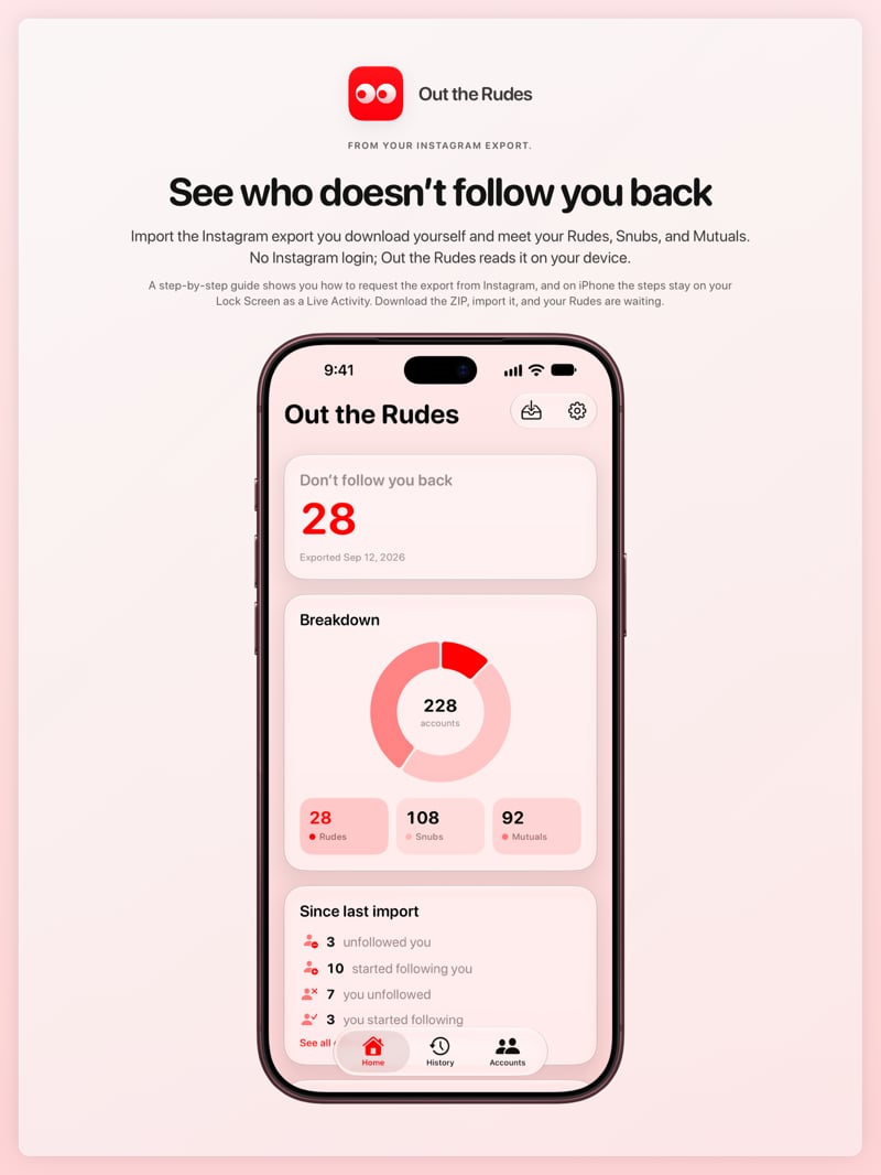 The Out the Rudes share image, showing the app on iPhone 18 Pro Max with its icon, name and headline for the Papermoon account, in the Red tint, light appearance.
