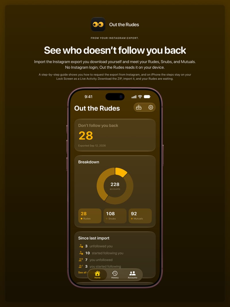 The Out the Rudes share image, showing the app on iPhone 18 Pro Max with its icon, name and headline for the Papermoon account, in the Yellow tint, dark appearance.