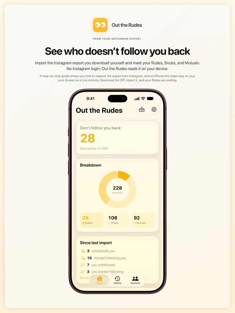 The Out the Rudes share image, showing the app on iPhone 18 Pro Max with its icon, name and headline for the Papermoon account, in the Yellow tint, light appearance.