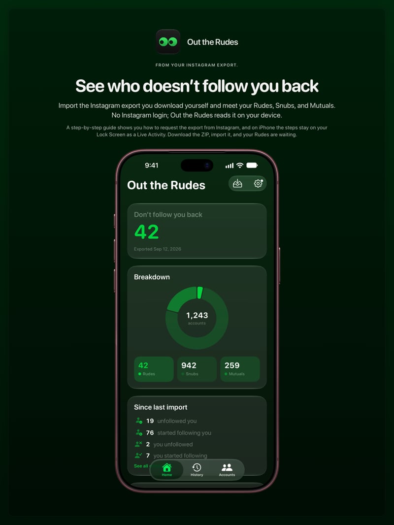 The Out the Rudes share image, showing the app on iPhone 18 Pro Max with its icon, name and headline for the Saltmarsh account, in the Green tint, dark appearance.