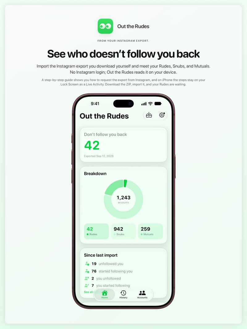 The Out the Rudes share image, showing the app on iPhone 18 Pro Max with its icon, name and headline for the Saltmarsh account, in the Green tint, light appearance.