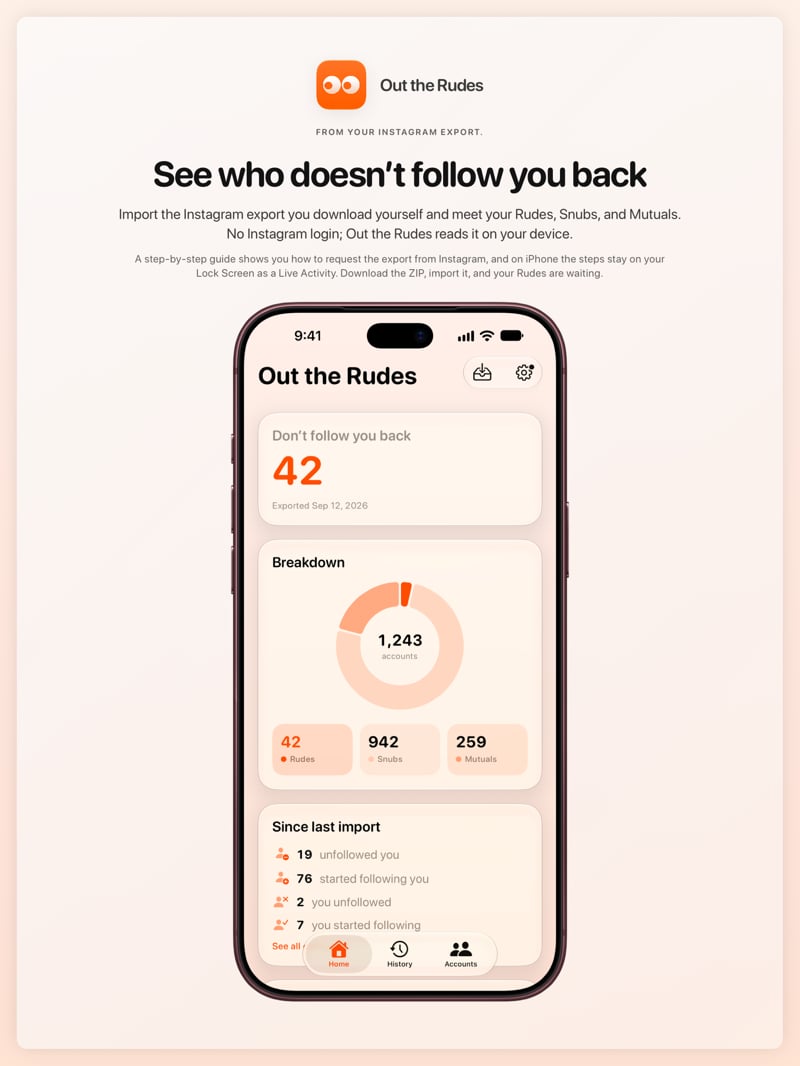 The Out the Rudes share image, showing the app on iPhone 18 Pro Max with its icon, name and headline for the Saltmarsh account, in the Orange tint, light appearance.