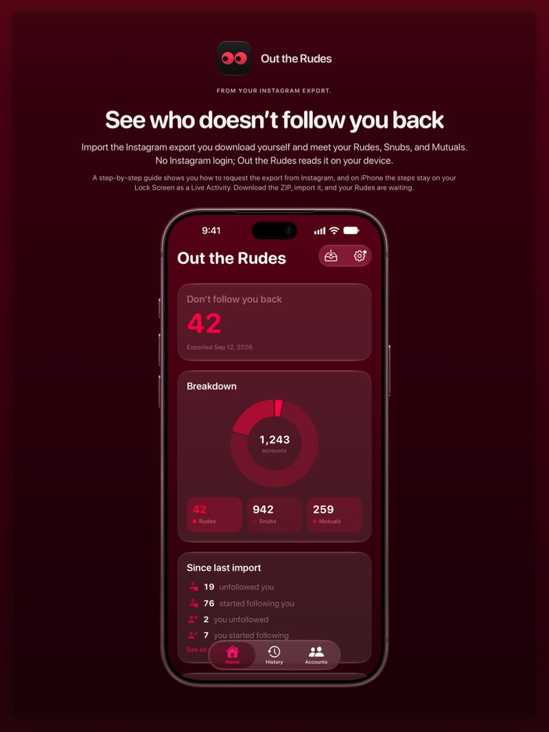 The Out the Rudes share image, showing the app on iPhone 18 Pro Max with its icon, name and headline for the Saltmarsh account, in the Pink tint, dark appearance.