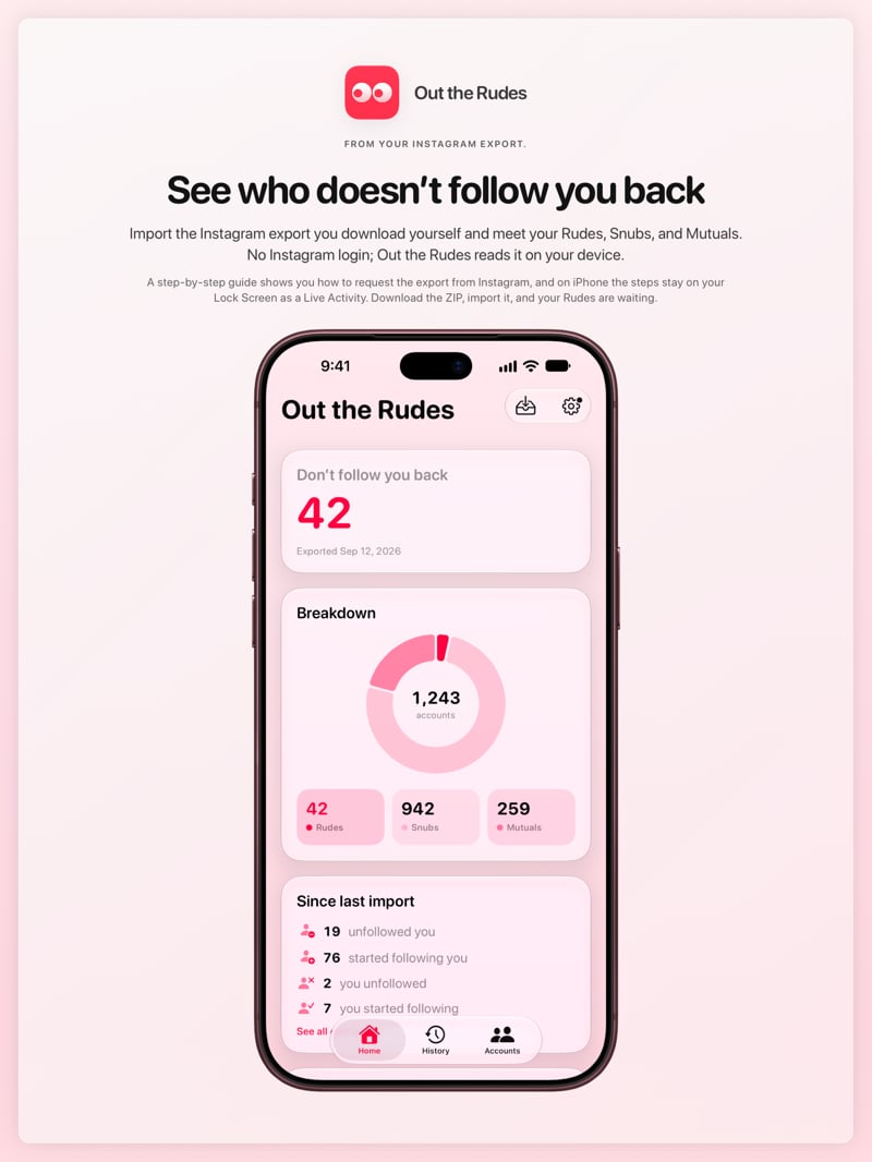 The Out the Rudes share image, showing the app on iPhone 18 Pro Max with its icon, name and headline for the Saltmarsh account, in the Pink tint, light appearance.