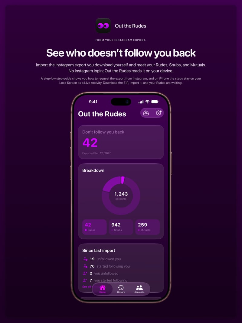 The Out the Rudes share image, showing the app on iPhone 18 Pro Max with its icon, name and headline for the Saltmarsh account, in the Purple tint, dark appearance.