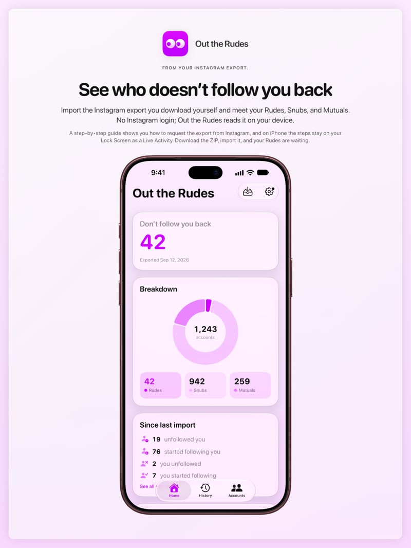 The Out the Rudes share image, showing the app on iPhone 18 Pro Max with its icon, name and headline for the Saltmarsh account, in the Purple tint, light appearance.