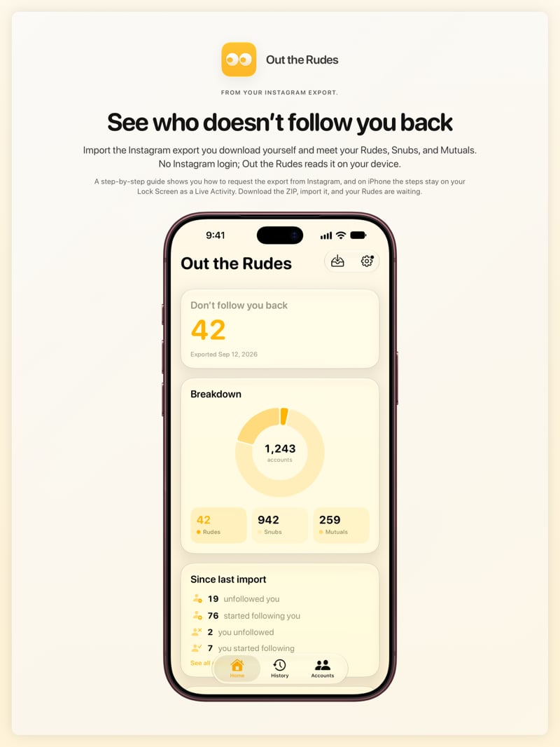The Out the Rudes share image, showing the app on iPhone 18 Pro Max with its icon, name and headline for the Saltmarsh account, in the Yellow tint, light appearance.