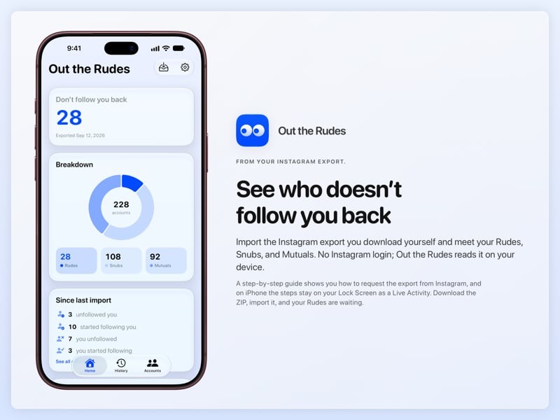 The Out the Rudes share image, showing the app on iPhone 18 Pro Max with its icon, name and headline for the Papermoon account, in the Blue tint, light appearance.