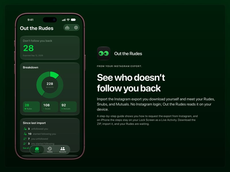 The Out the Rudes share image, showing the app on iPhone 18 Pro Max with its icon, name and headline for the Papermoon account, in the Green tint, dark appearance.